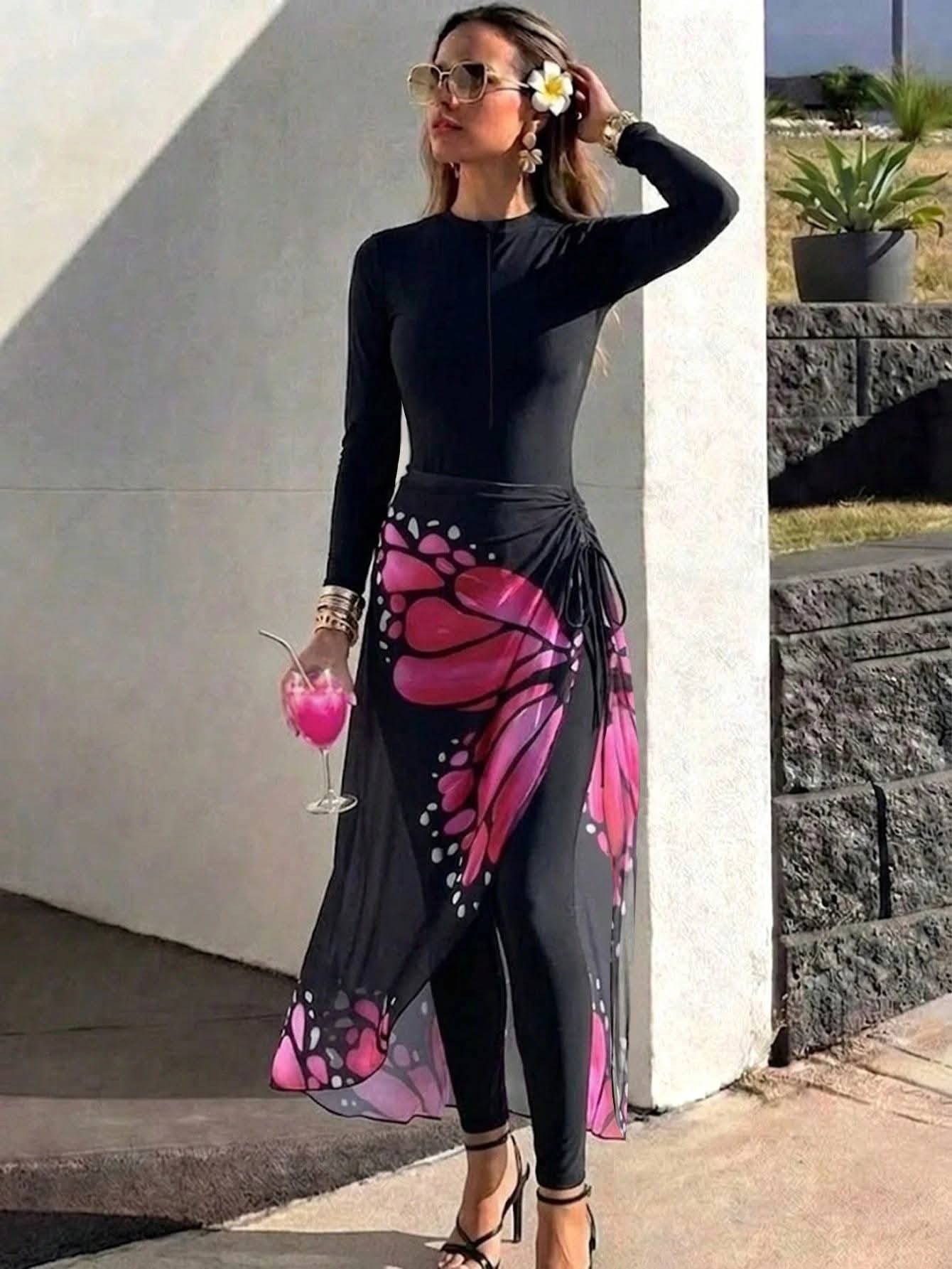Burkini jumpsuit with skirt butterfly