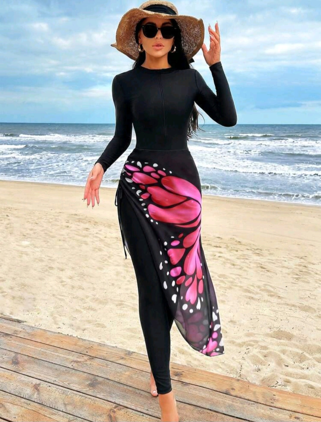 Burkini jumpsuit with skirt butterfly