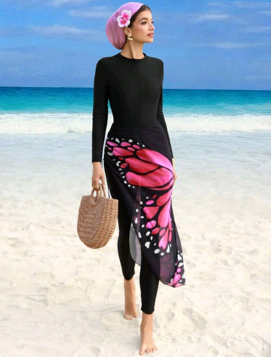 Burkini jumpsuit with skirt butterfly